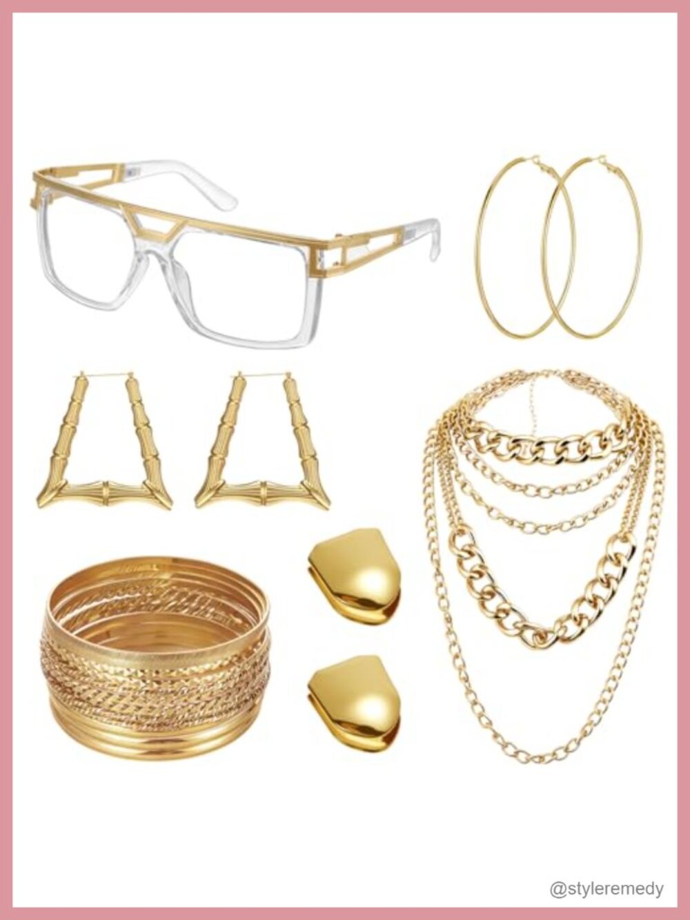 80s 90s Hip Hop Costume Jewelry Set Gold Plated Sunglasses Necklace Bracelets
